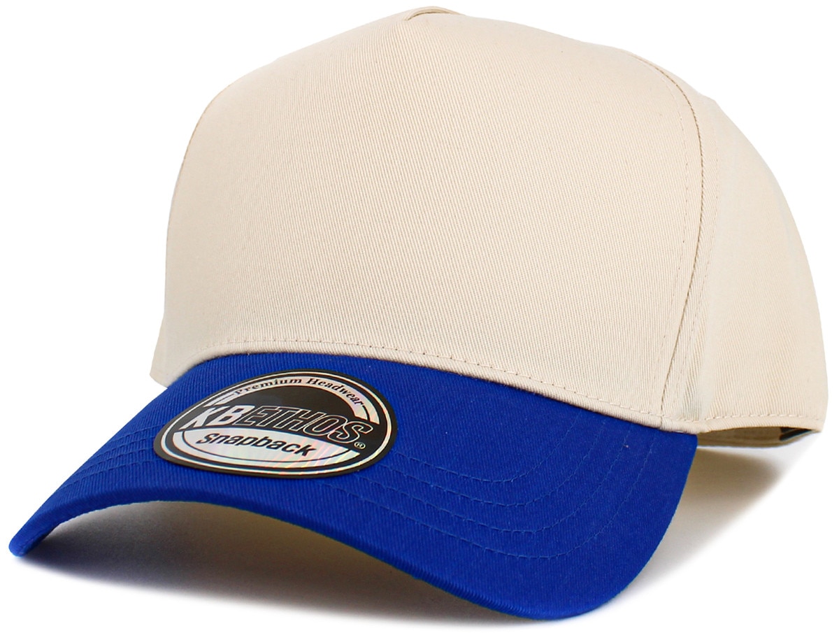 Natural Royal Blue Two Tone Baseball 5 Panel Cap Front Side View